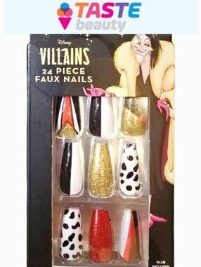 Taste Beauty X Disney Villains Cruella-Inspired Gold Black White Faux Nails